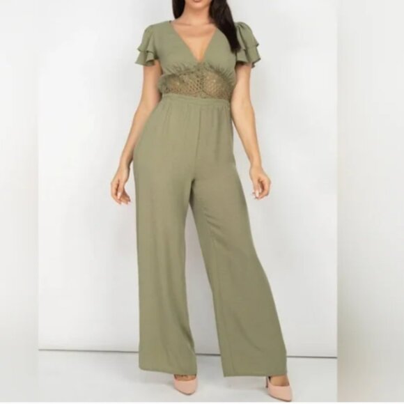 Haute Monde Pistachio Cap Flutter Sleeve Wide Leg Crochet Midriff Jumpsuit S - Picture 1 of 14